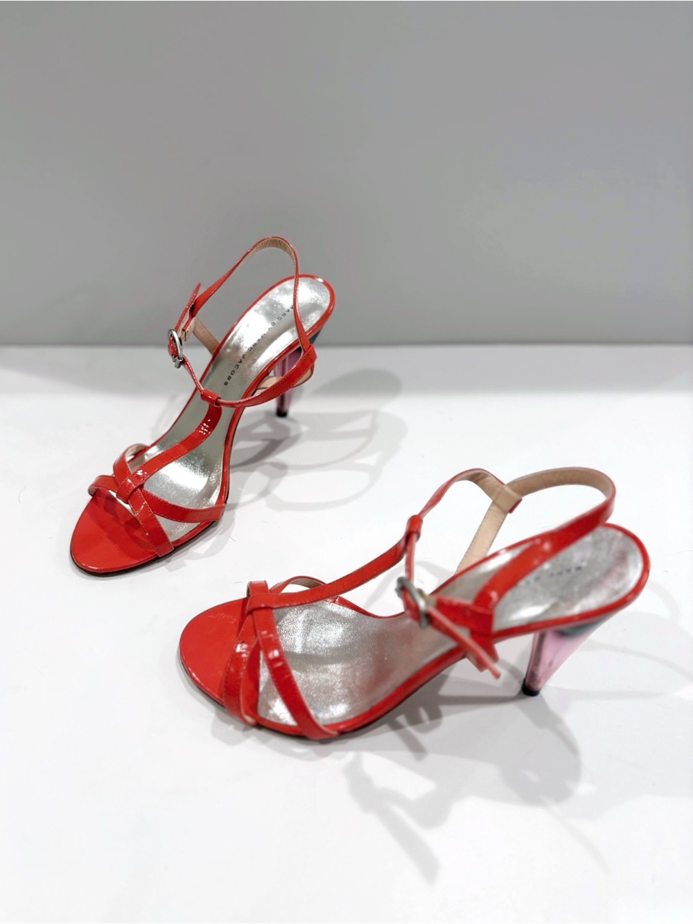 Marc by Marc Jacobs EU 40 Red-Orange Patent Leather Cone Heel Sandals Glam Party